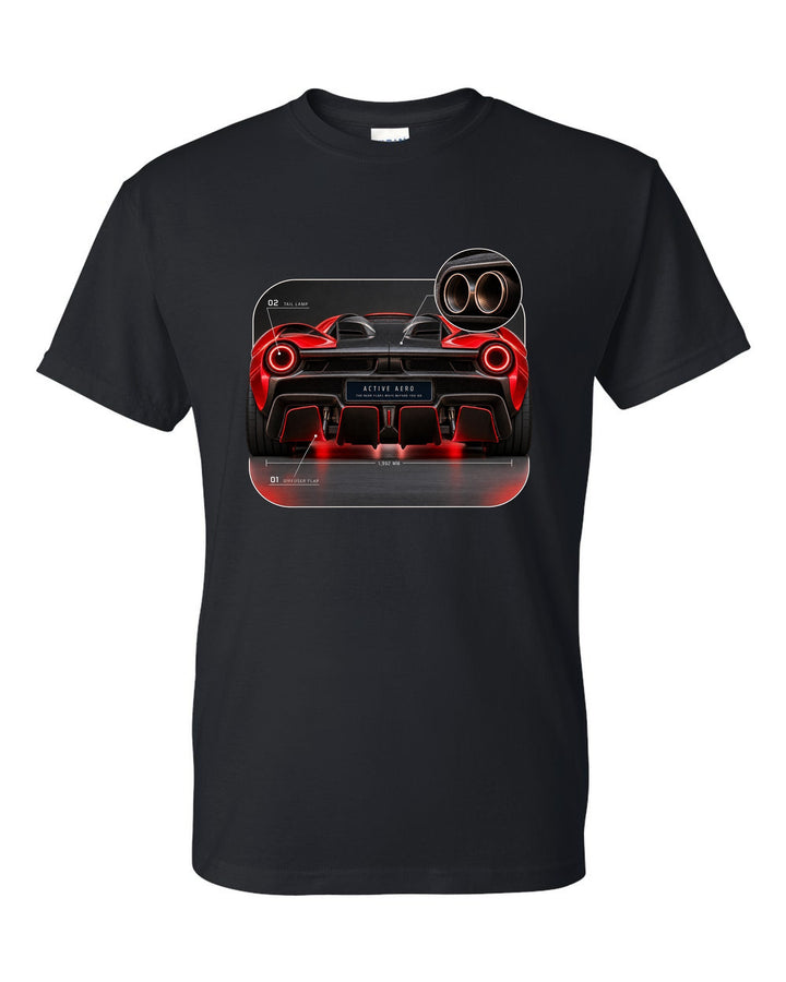 Ferrari LaFerrari taillight macro print with active aero caption black t-shirt front view with the design