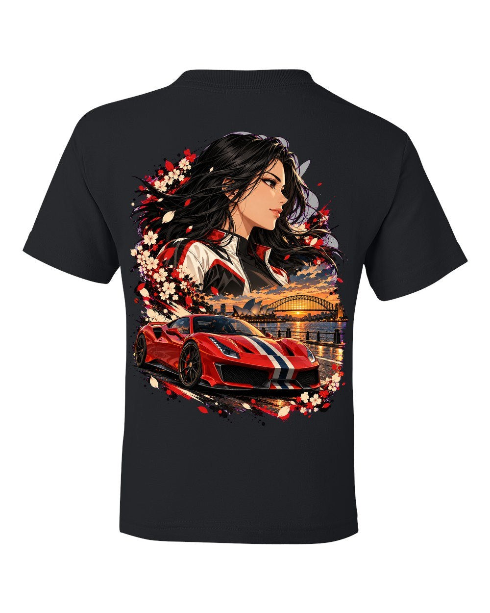 Ferrari 488 Pista Anime Girl Kids Tee Black back
