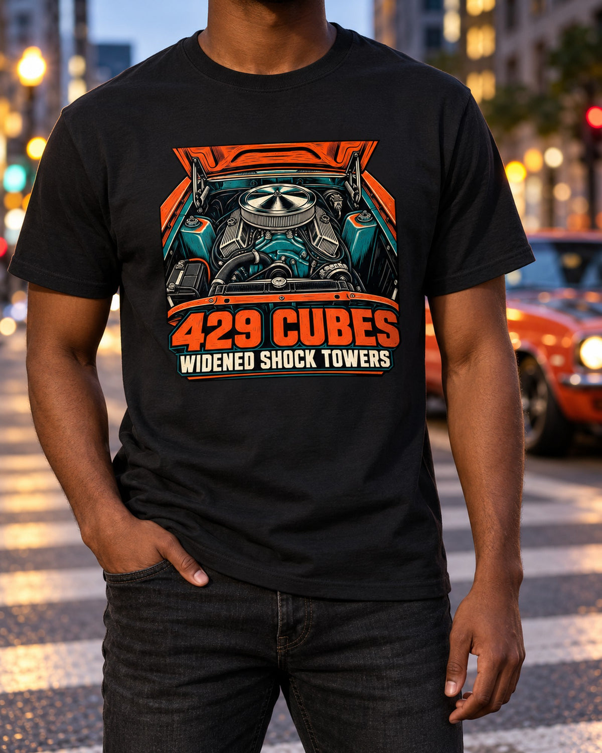 Ford Mustang 429 Engine Bay Woodcut Shirt, 1969-70 Muscle Tee T-Shirt Black worn hero