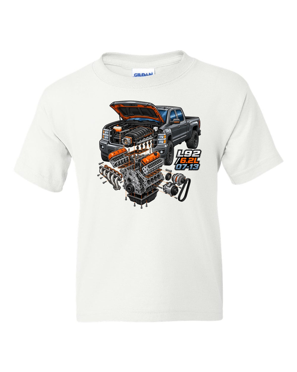 Isometric exploded engine cutaway print for a 2007-2013 Chevrolet Silverado GMT900 with L92 6.2L text white kids tee front view with the design