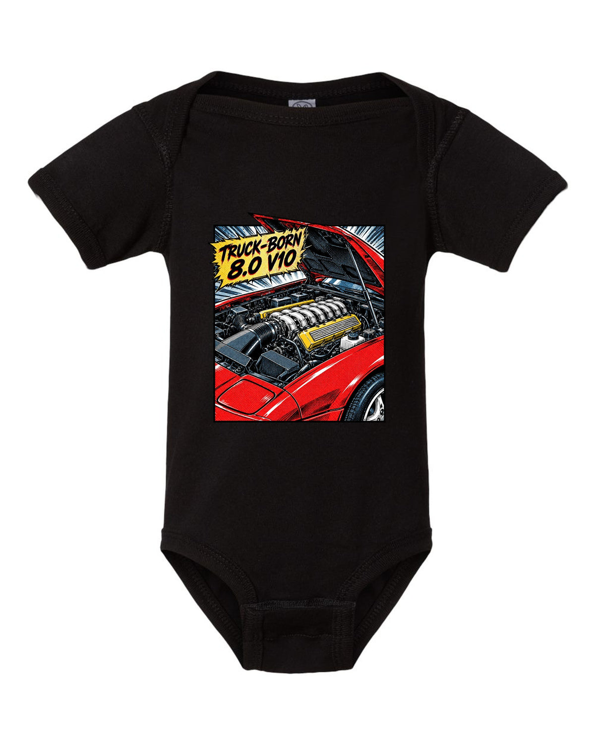 Retro manga halftone panel of a 1993 Dodge Viper RT/10 SR I with 8.0 V10 caption black baby onesie front view with the design