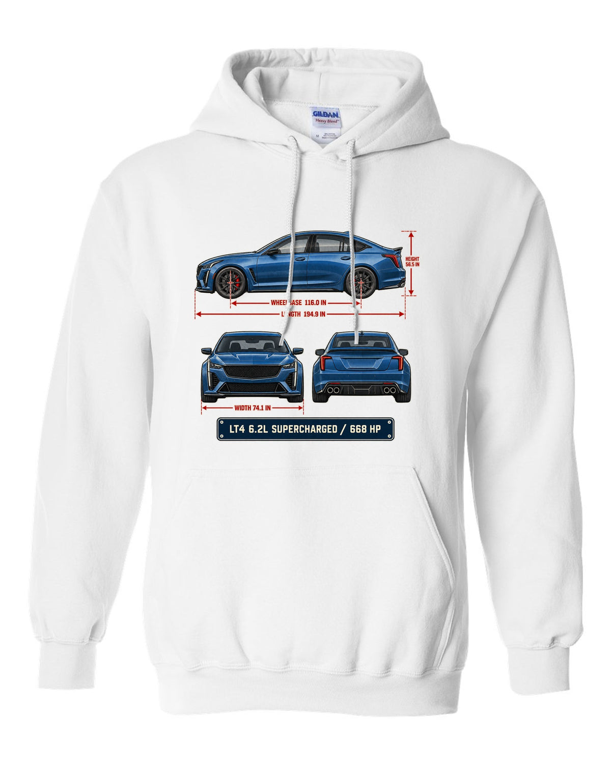 Dimension blueprint print of a Cadillac CT5-V Blackwing sedan white pull over hoodie front view with the design