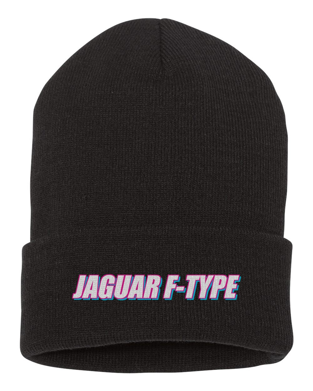 Jaguar F-Type black beanie front view with car name