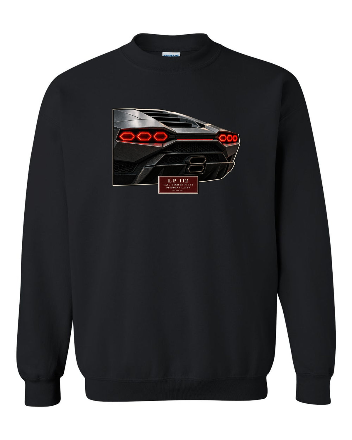 Lamborghini Countach LPI 800-4 taillight macro print with LP 112 lettering black crewneck front view with the design