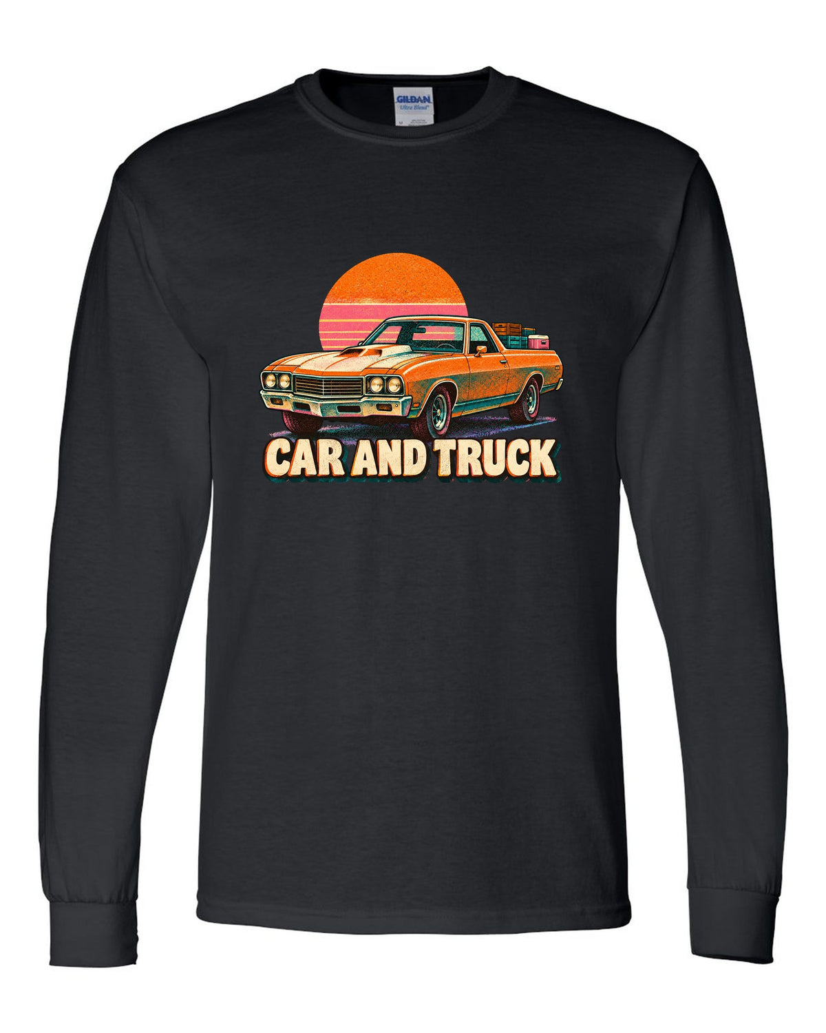 1970 Chevrolet El Camino SS 454 risograph spot-colour print reading Car and Truck black long sleeve front view with the design