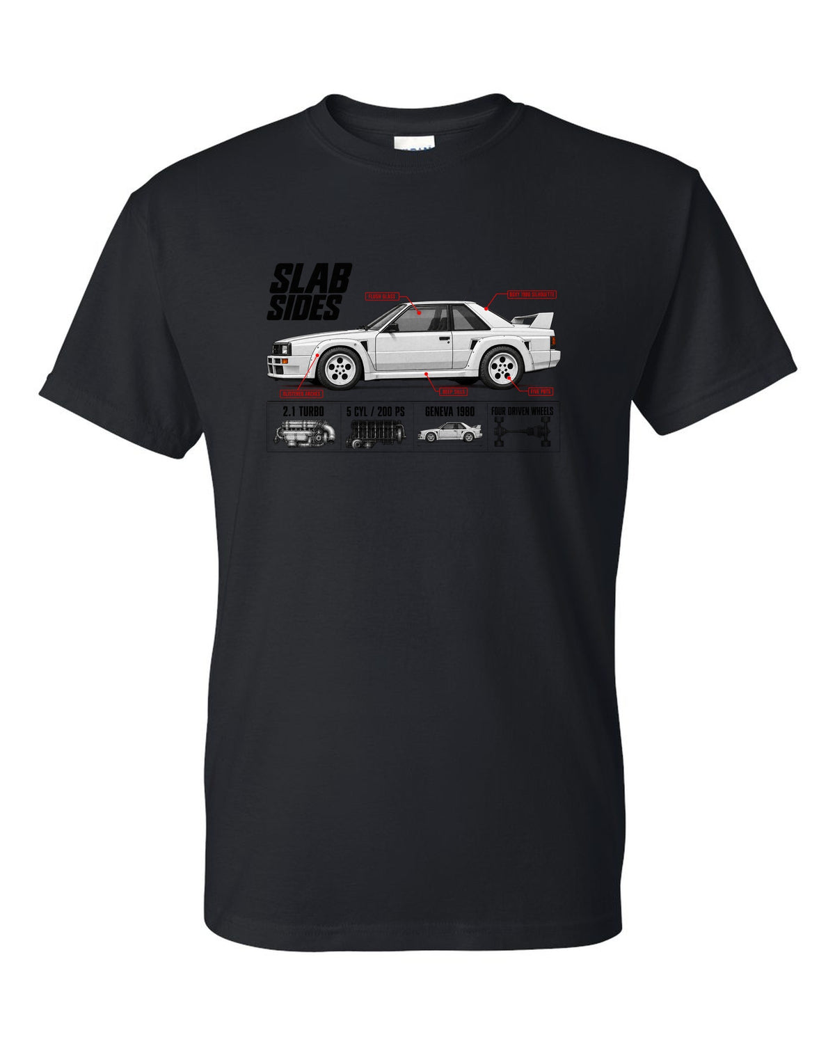 Audi Ur-Quattro Type 85 Slab Sides Spec Poster black t-shirt front view with the design