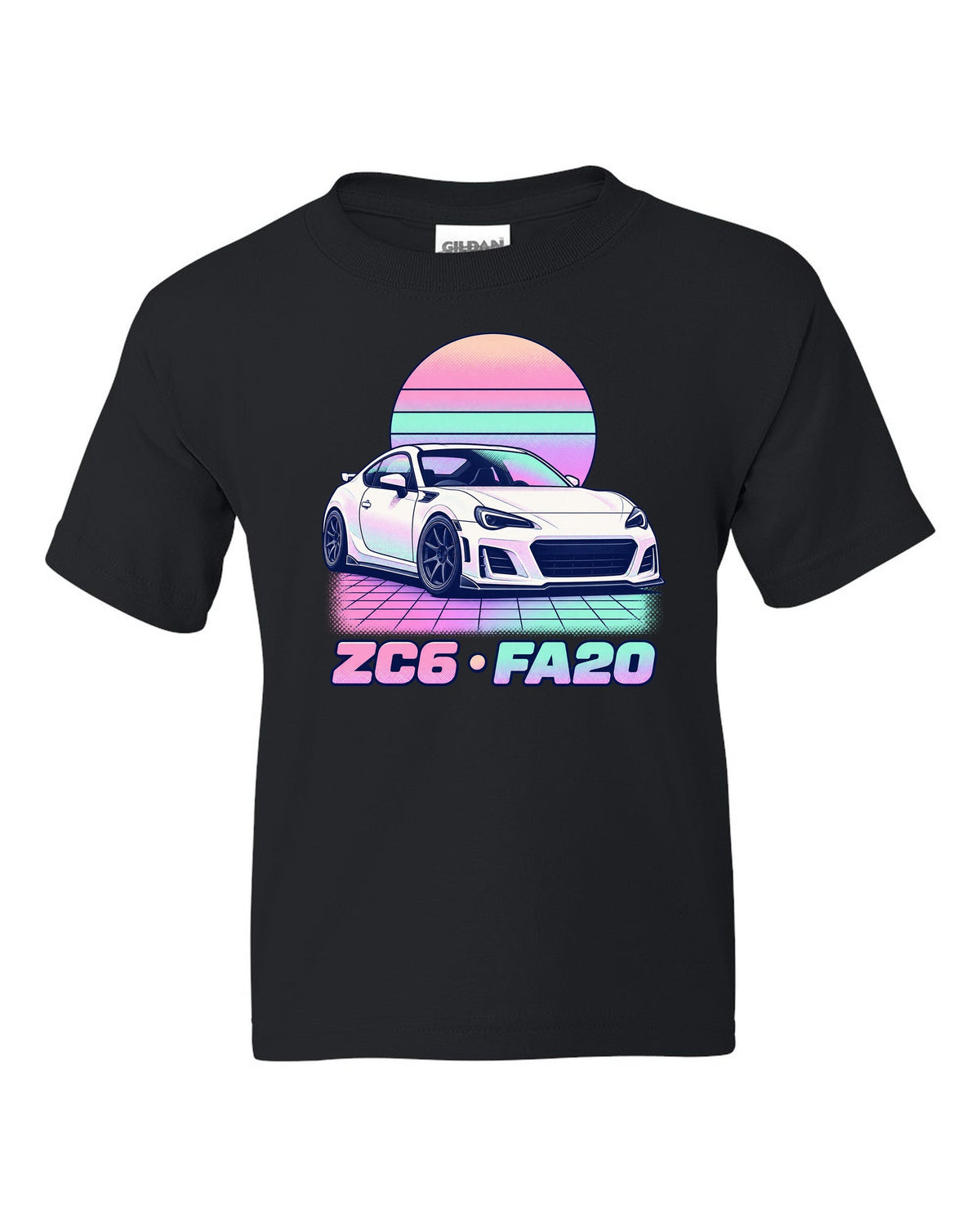 Subaru BRZ ZD8 round varsity crest print, ZD8 / FA24 / 2022 black kids tee front view with the design