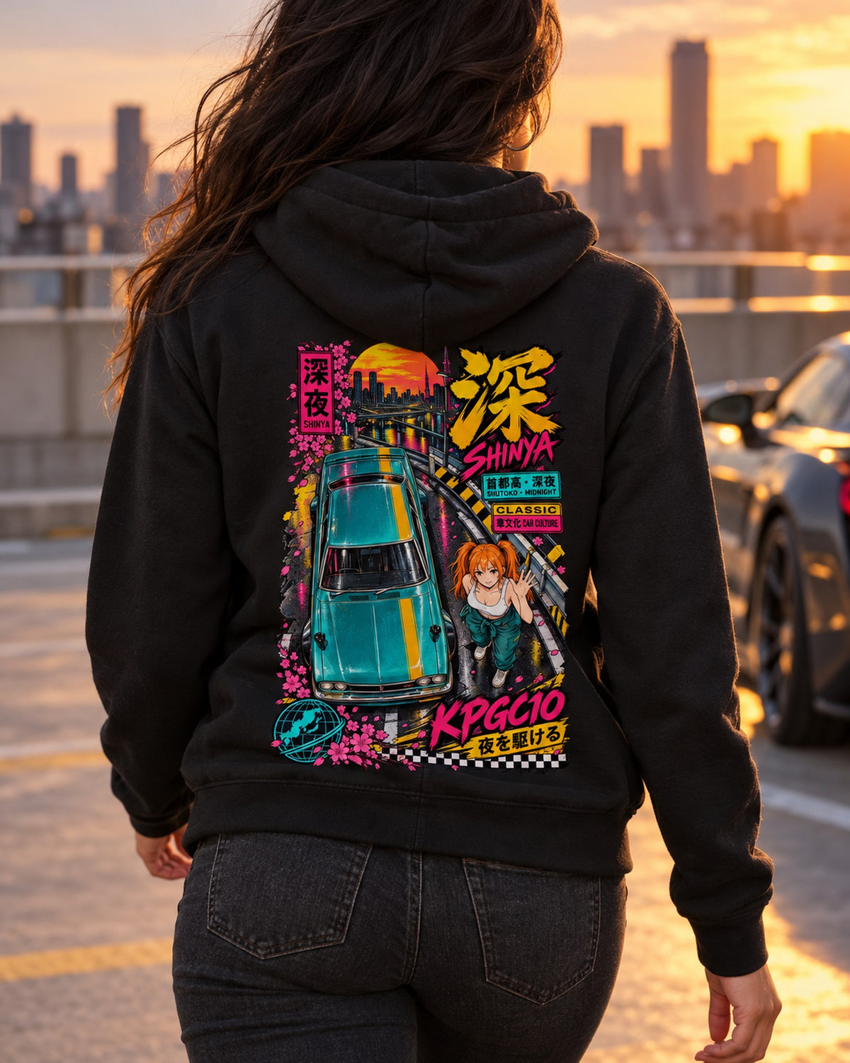 SHINYA KPGC10 Anime Girl Full-Back Graphic Tee Zip Hoodie Black worn hero