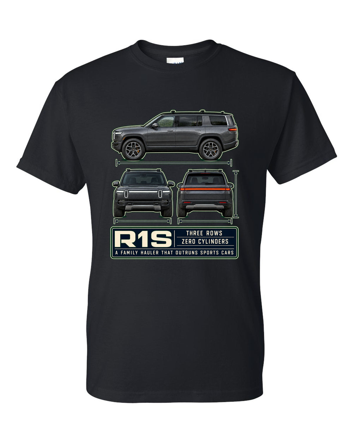 Three-view drawing with spec table print of the Rivian R1S seven-seat electric SUV black t-shirt front view with the design