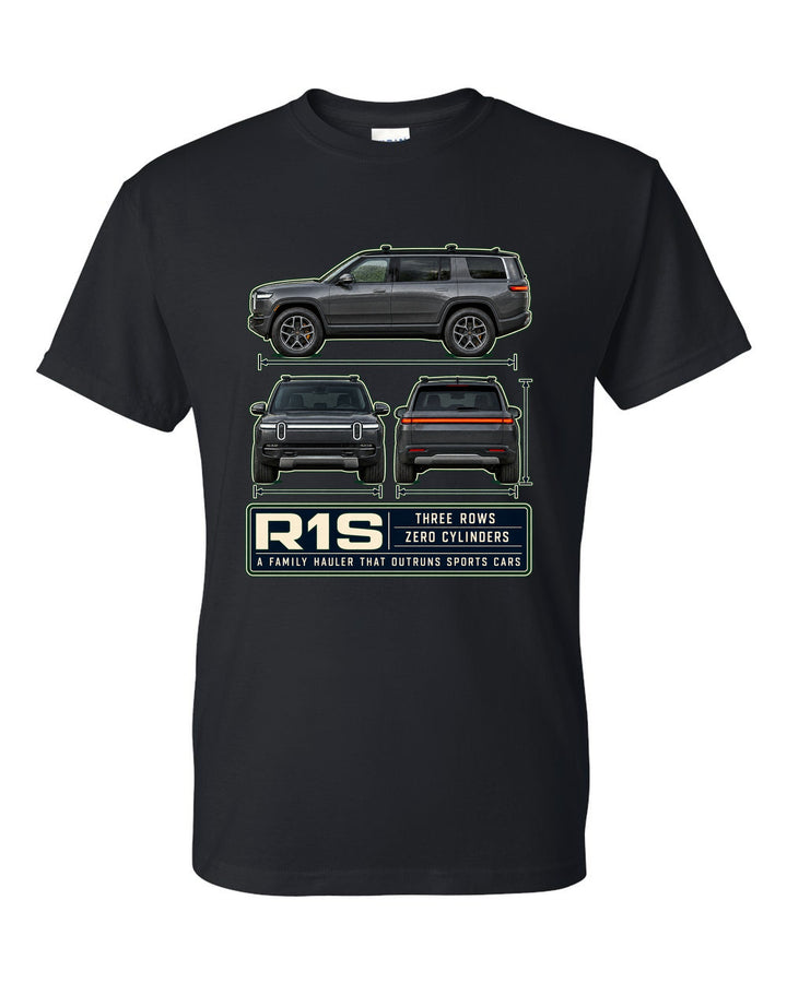 Three-view drawing with spec table print of the Rivian R1S seven-seat electric SUV black t-shirt front view with the design