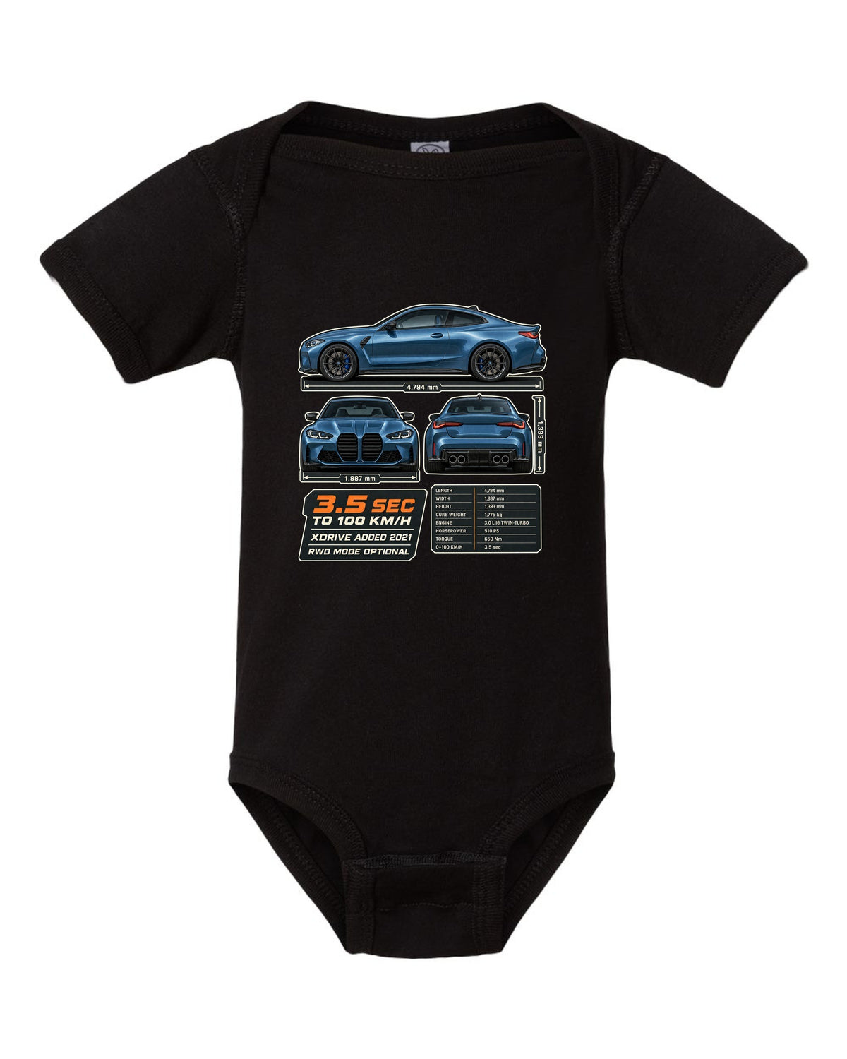 BMW M4 Competition xDrive G82 three-view drawing with spec table print black baby onesie front view with the design