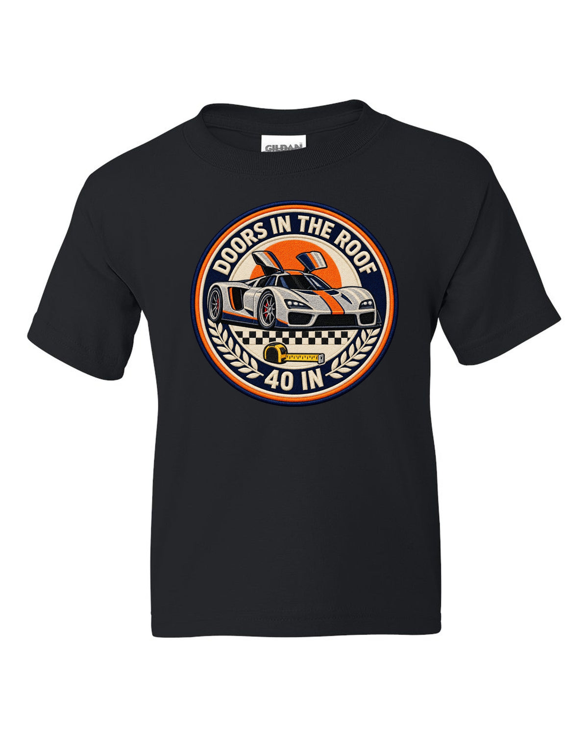 Round crest design for the Ford GT40 Mk II with doors in the roof lettering black kids tee front view with the design