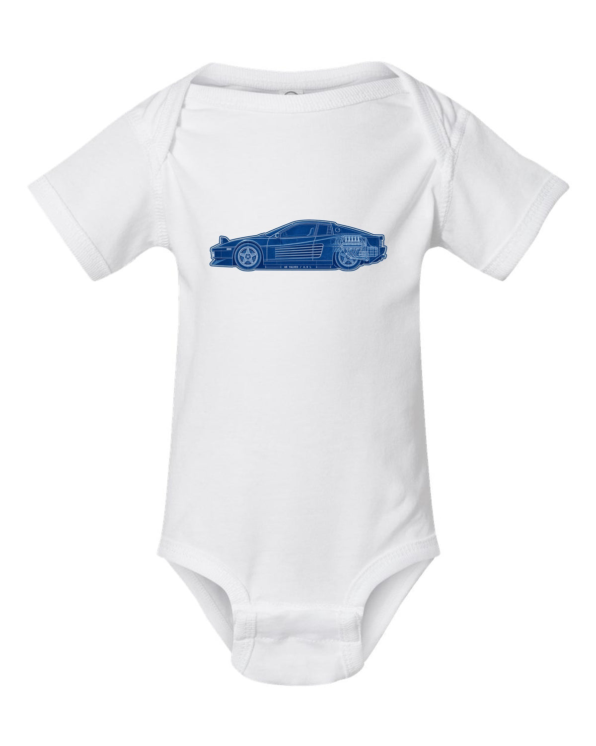 Cyanotype blueprint style print of the Ferrari Testarossa F110 with the text 48 valves, 4.9 L white baby onesie front view with the design