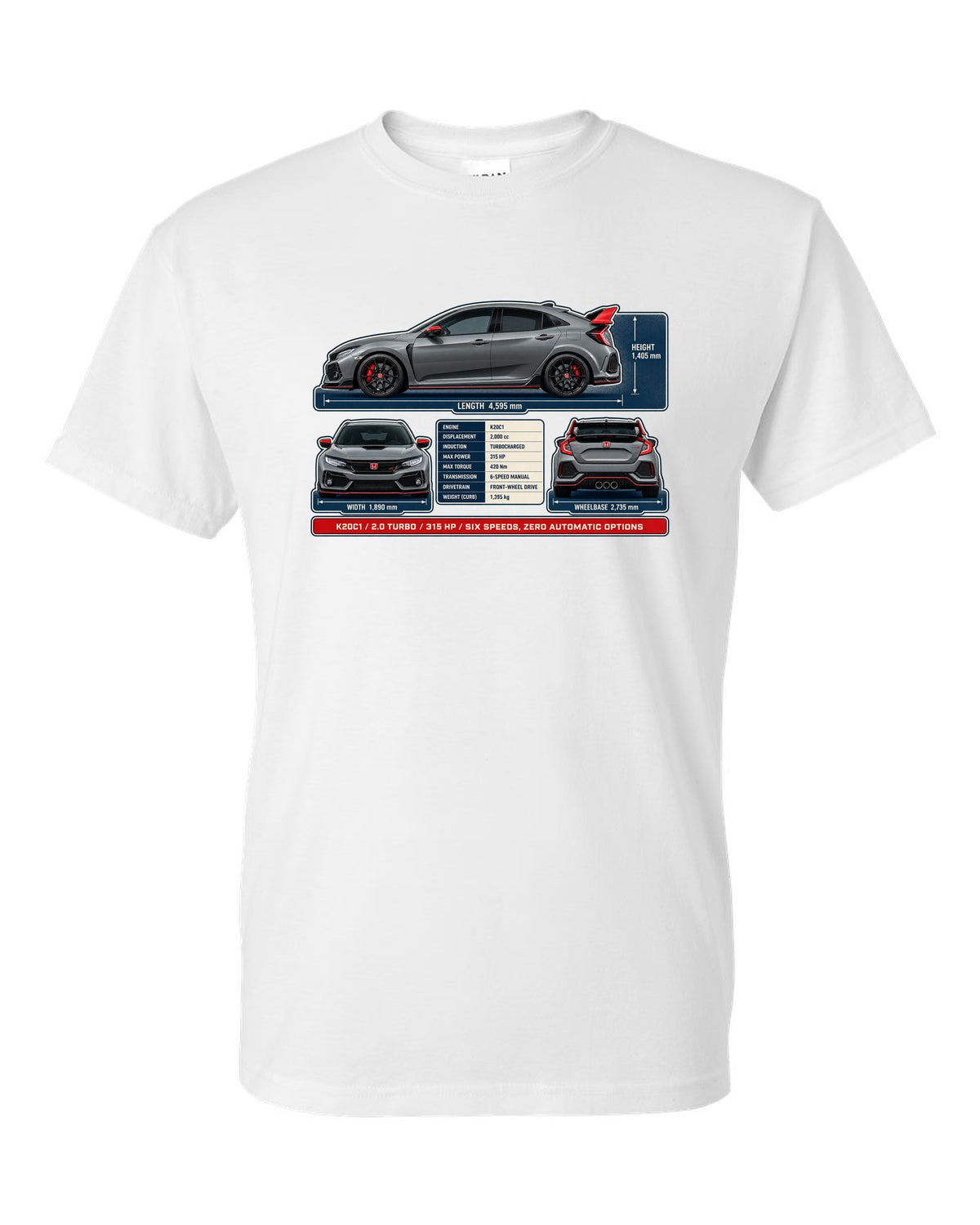 print dimension blueprint of a Honda Civic Type R FL5 in warm grey white t-shirt front view with the design