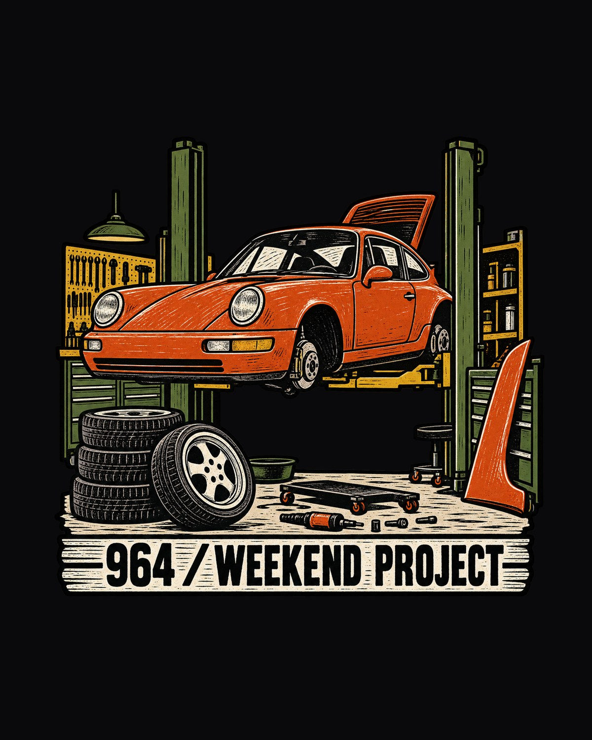 Porsche 964 Weekend Project Linocut Shirt, Outlaw 911 design only