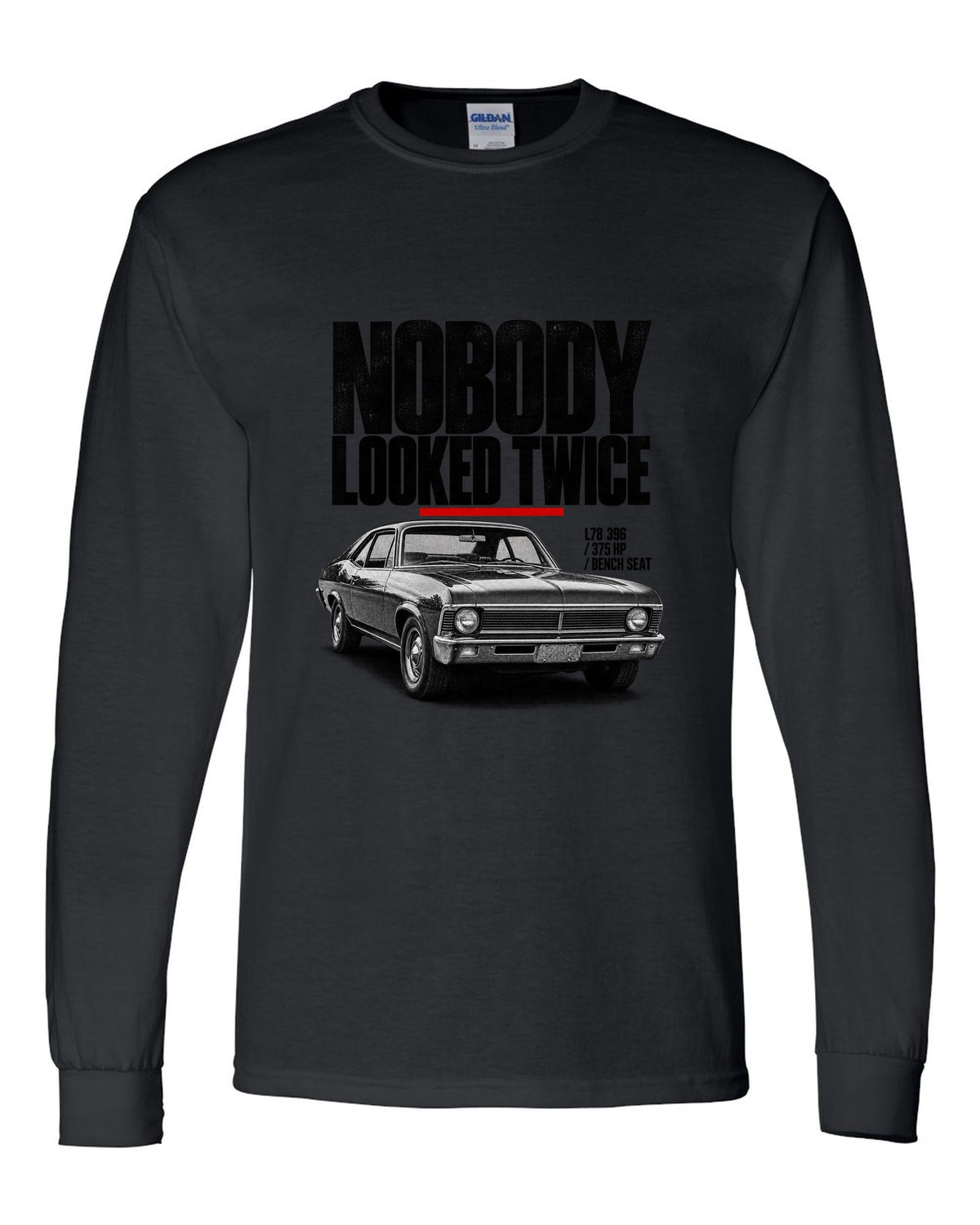 1969 Nova SS 396 halftone front three-quarter print with L78 396 specs black long sleeve front view with the design