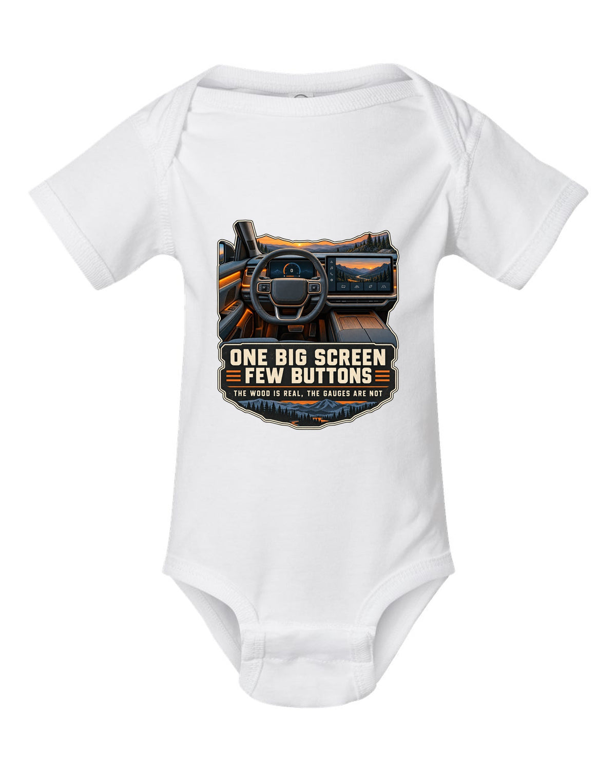 Cockpit and gauge print of a Rivian R1T interior with a large central screen white baby onesie front view with the design
