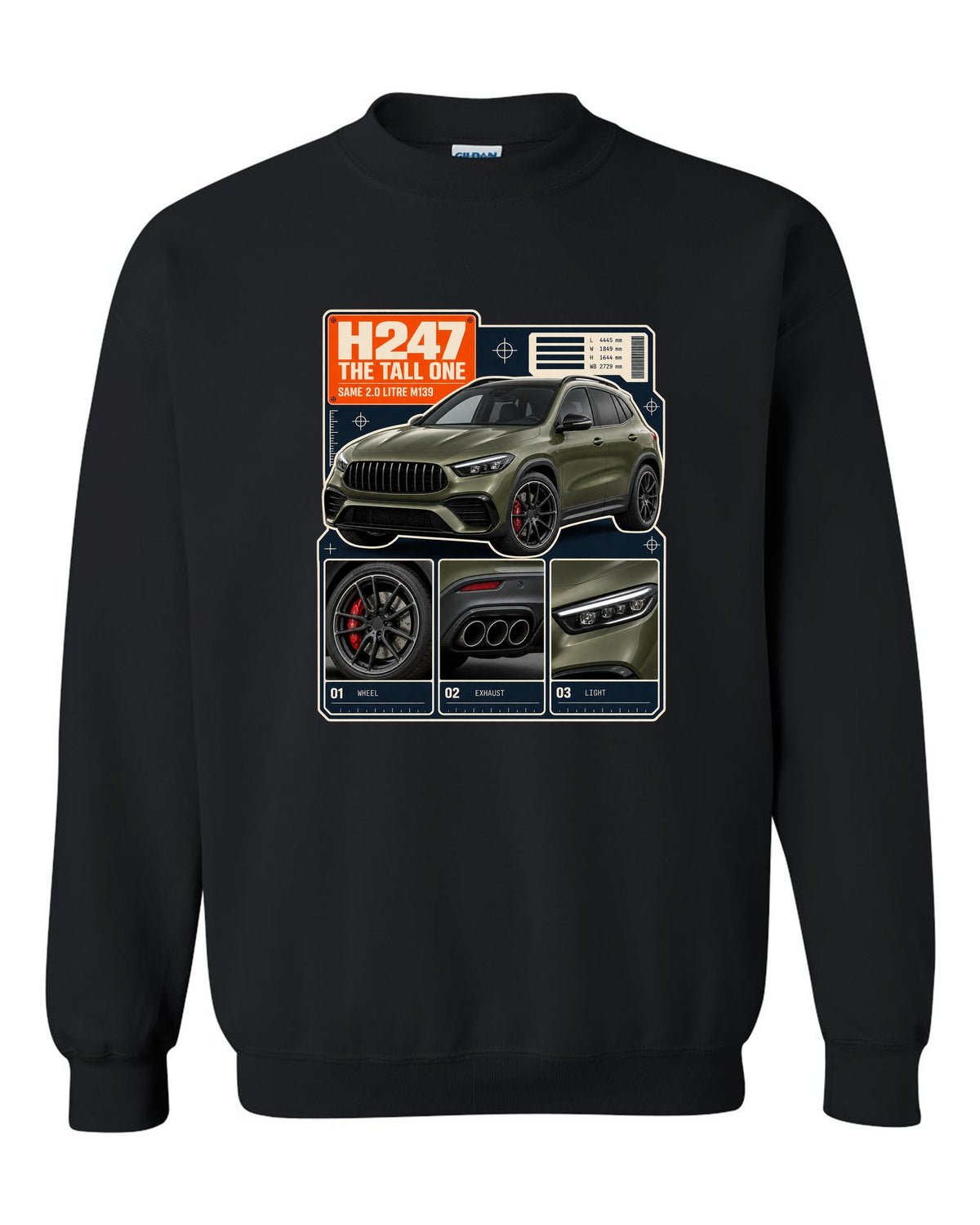 Mercedes-AMG GLA 45 S H247 dossier panel print black crewneck front view with the design