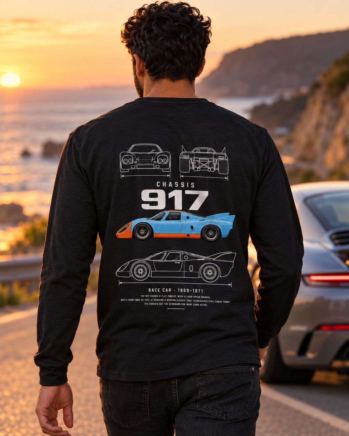 Porsche 917 Le Mans race car Blueprint Full-Back Graphic Tee, 917 Chassis Code Long Sleeve Black worn hero