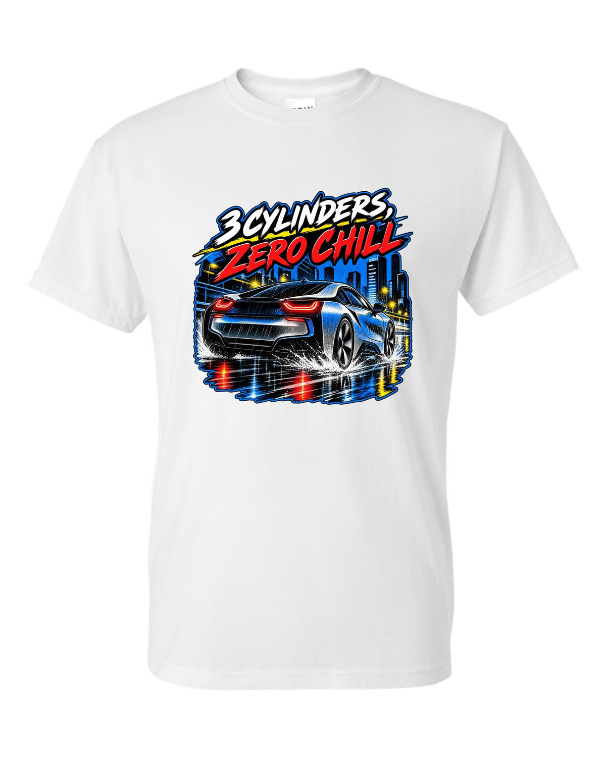 BMW i8 I12 retro manga halftone panel print with 3 cylinders zero chill text white t-shirt front view with the design
