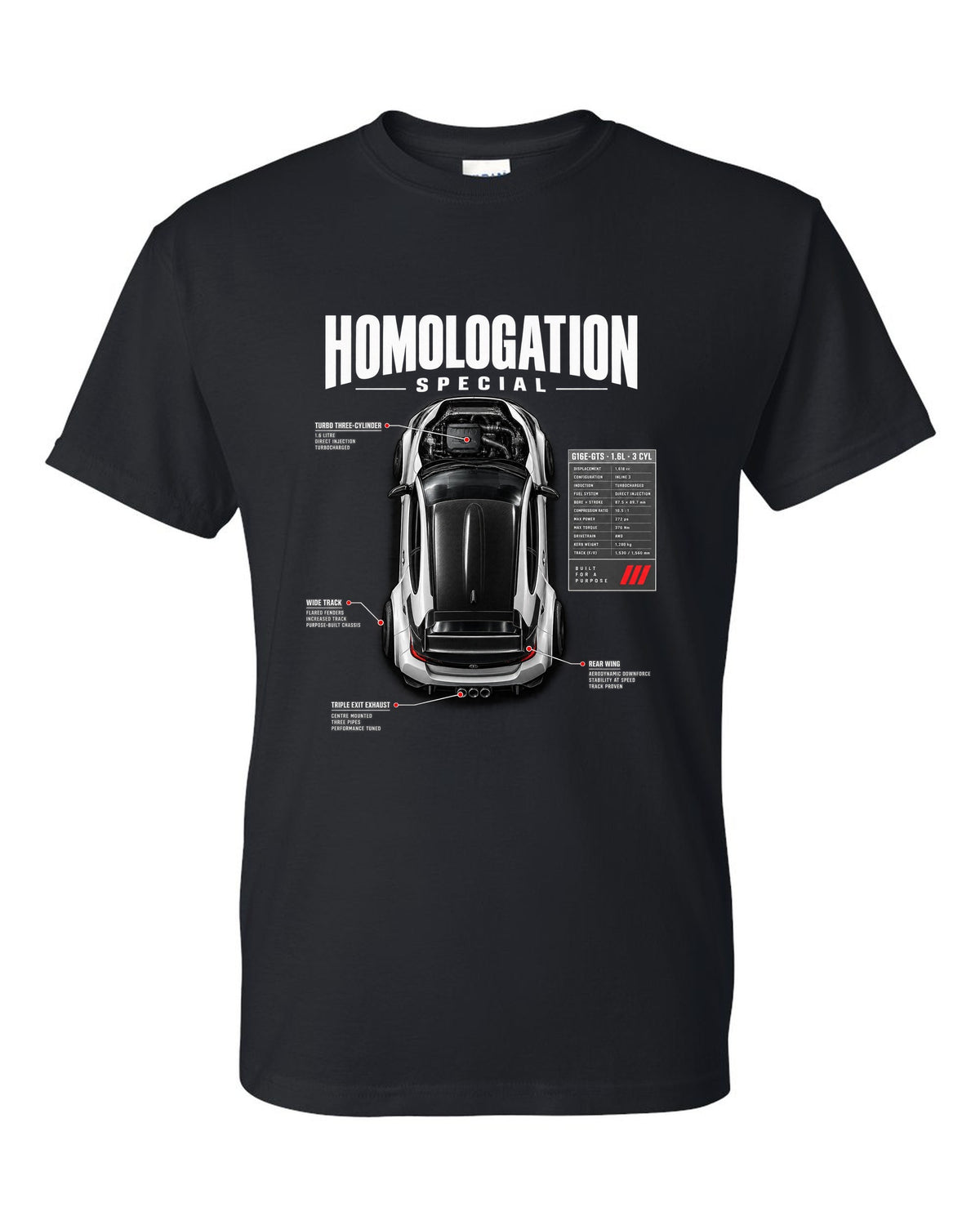 Spec poster style print of a Toyota GR Yaris with G16E-GTS 1.6L 3 cylinder text black t-shirt front view with the design