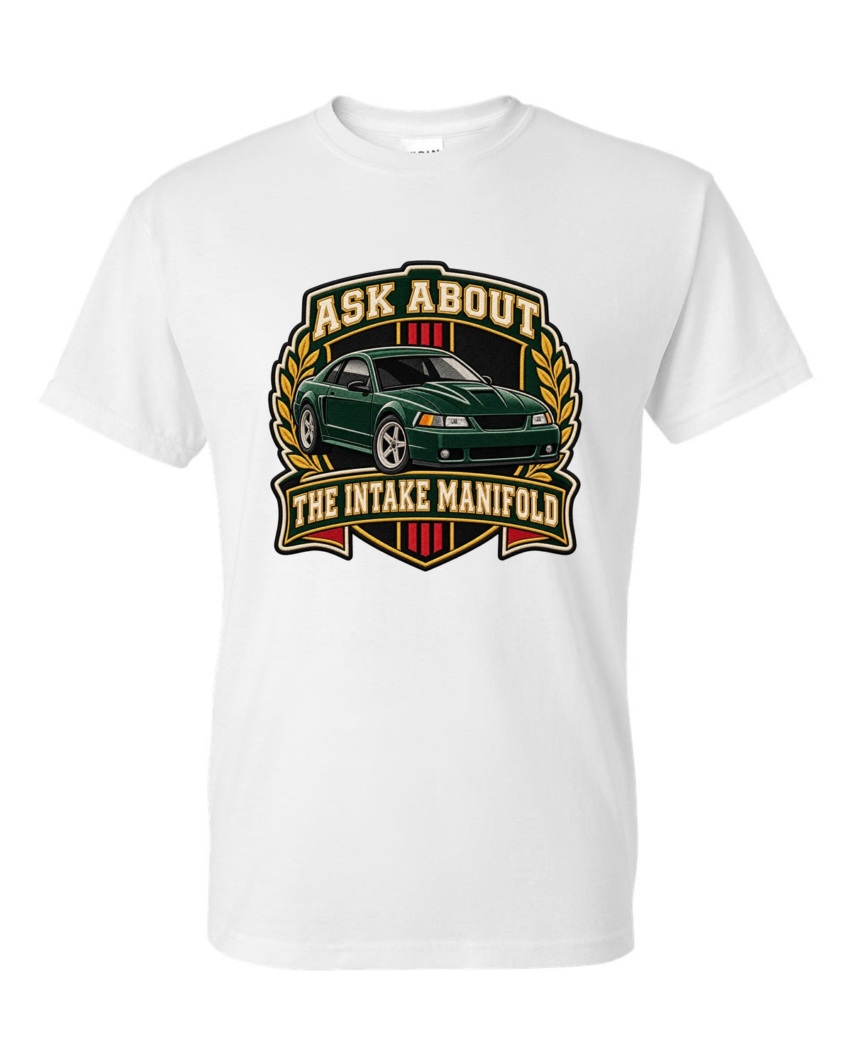 Varsity crest of a Ford Mustang New Edge coupe with intake manifold text white t-shirt front view with the design