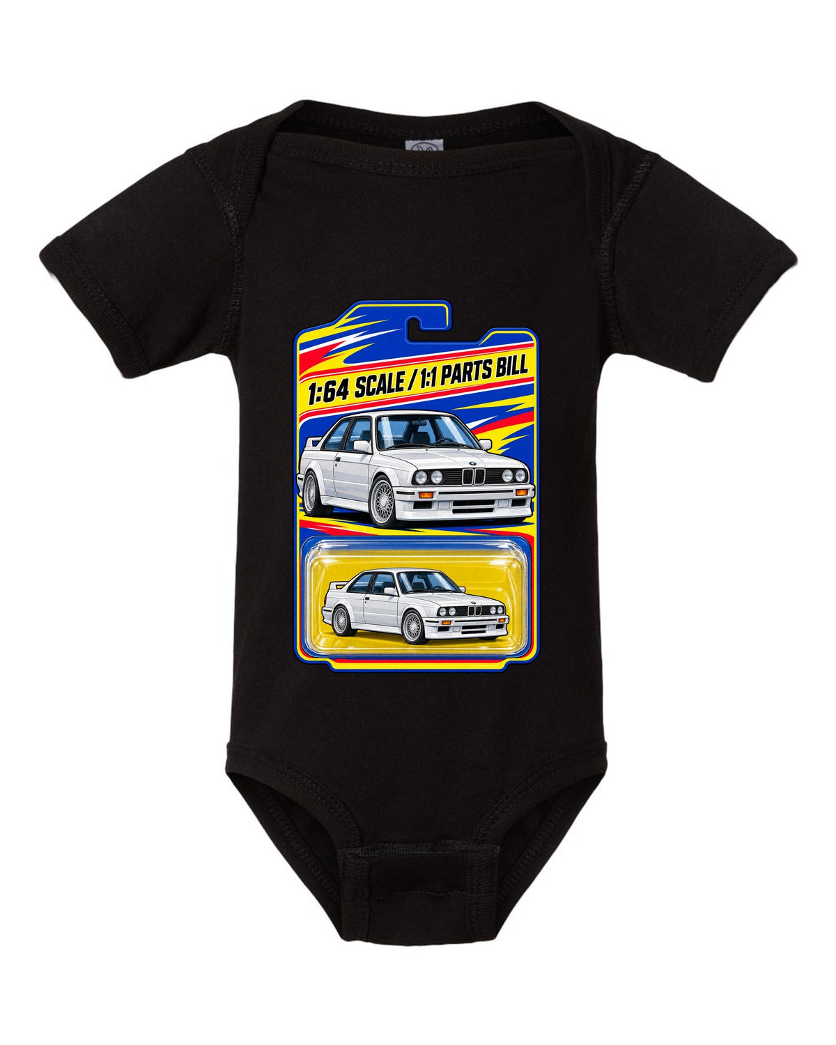 Vaporwave pastel print of a BMW E30 M3 slicktop with roof leaks not included text black baby onesie front view with the design