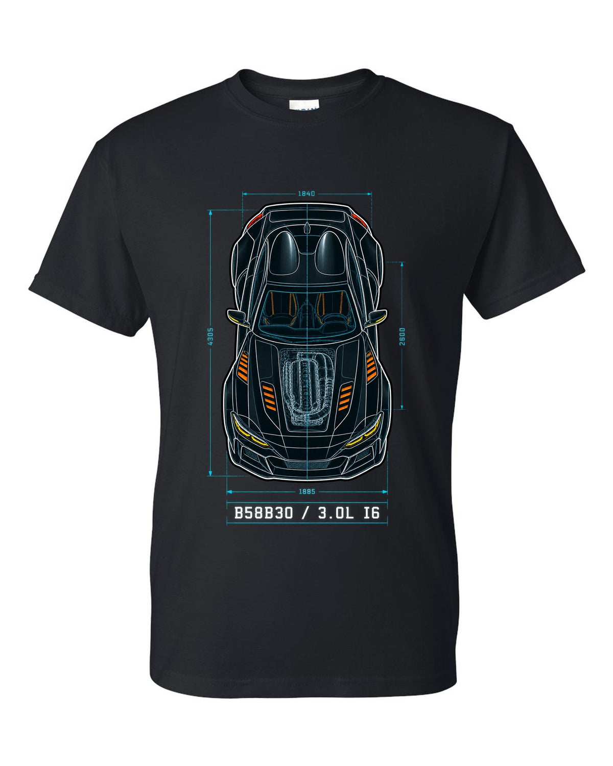 Patent-style overhead blueprint of the B58B30 3.0L inline-six in the Toyota GR Supra A90 black t-shirt front view with the design