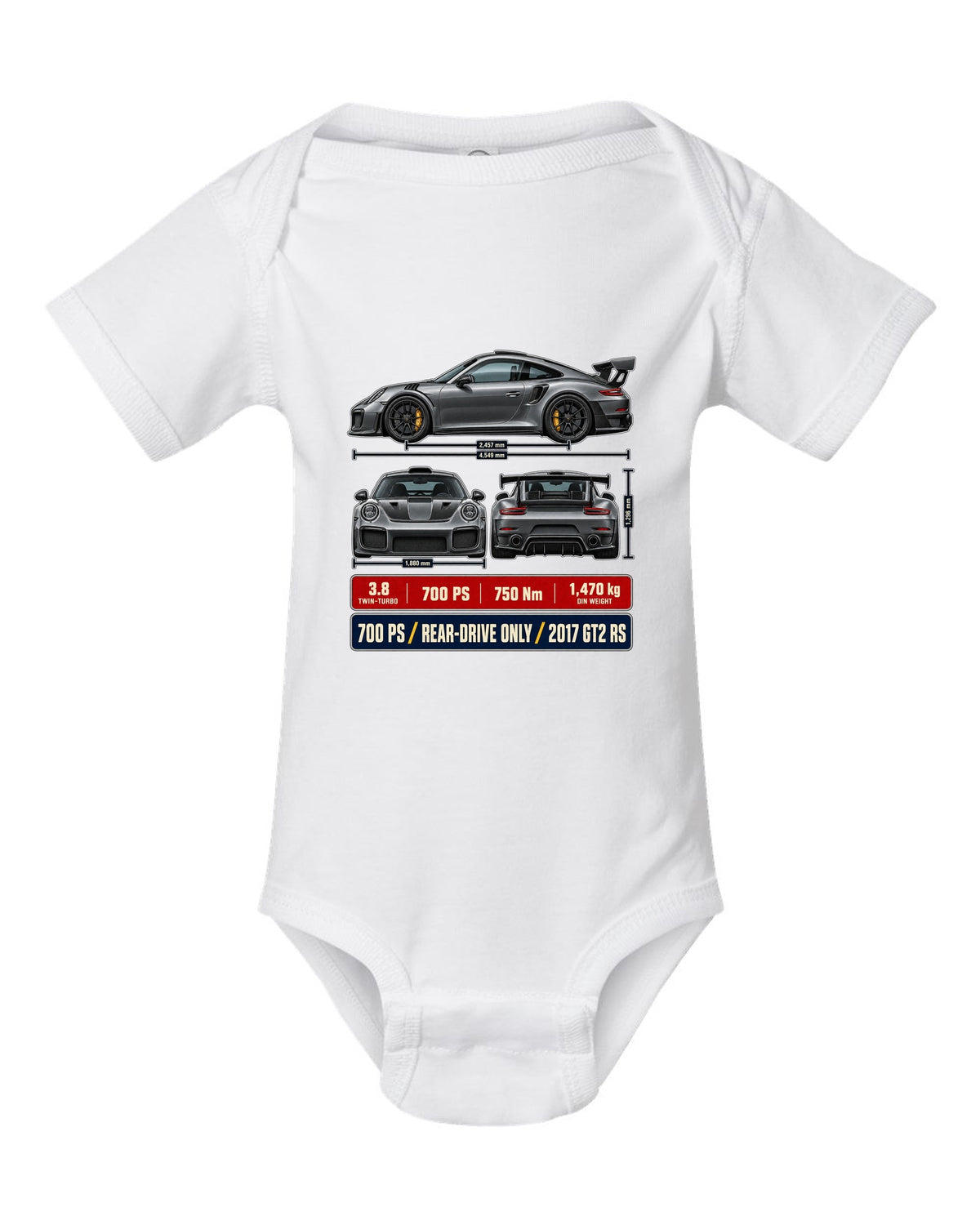 Porsche 911 GT2 RS 991.2 three-view dossier print design white baby onesie front view with the design