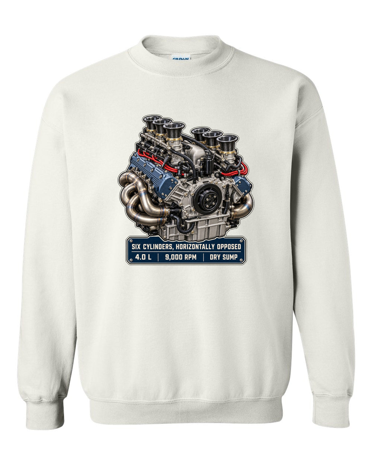 Porsche 992 GT3 RS 4.0 flat-six engine hero print design white crewneck front view with the design