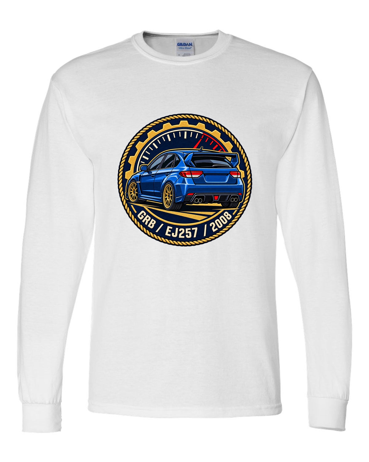 Subaru Impreza WRX STI GRB chback varsity crest print, GRB / EJ257 / 2008 white long sleeve front view with the design