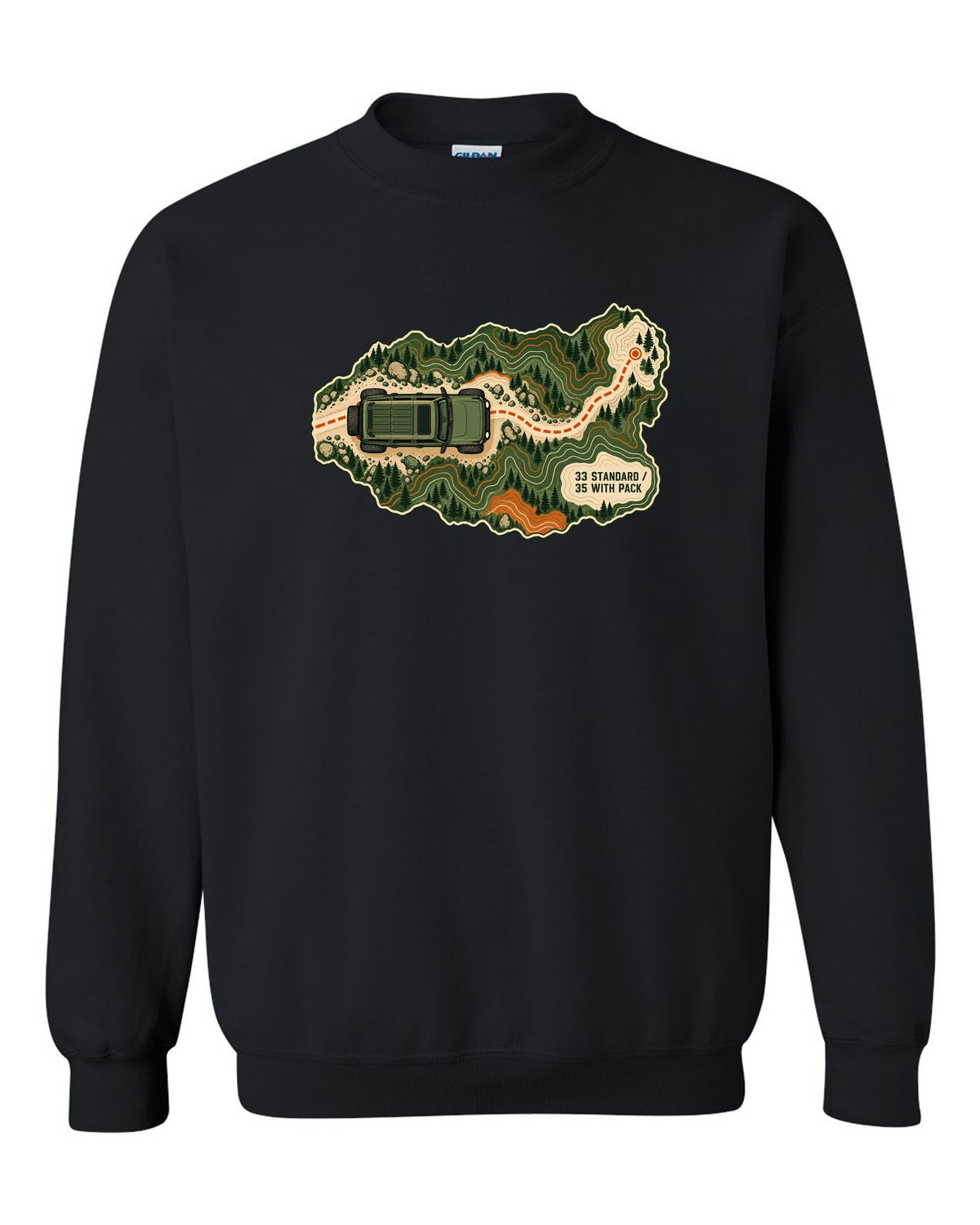 Topographic route map art of a 2021 Ford Bronco 4-door Badlands with 33 STANDARD 35 WITH PACK notes black crewneck front view with the design