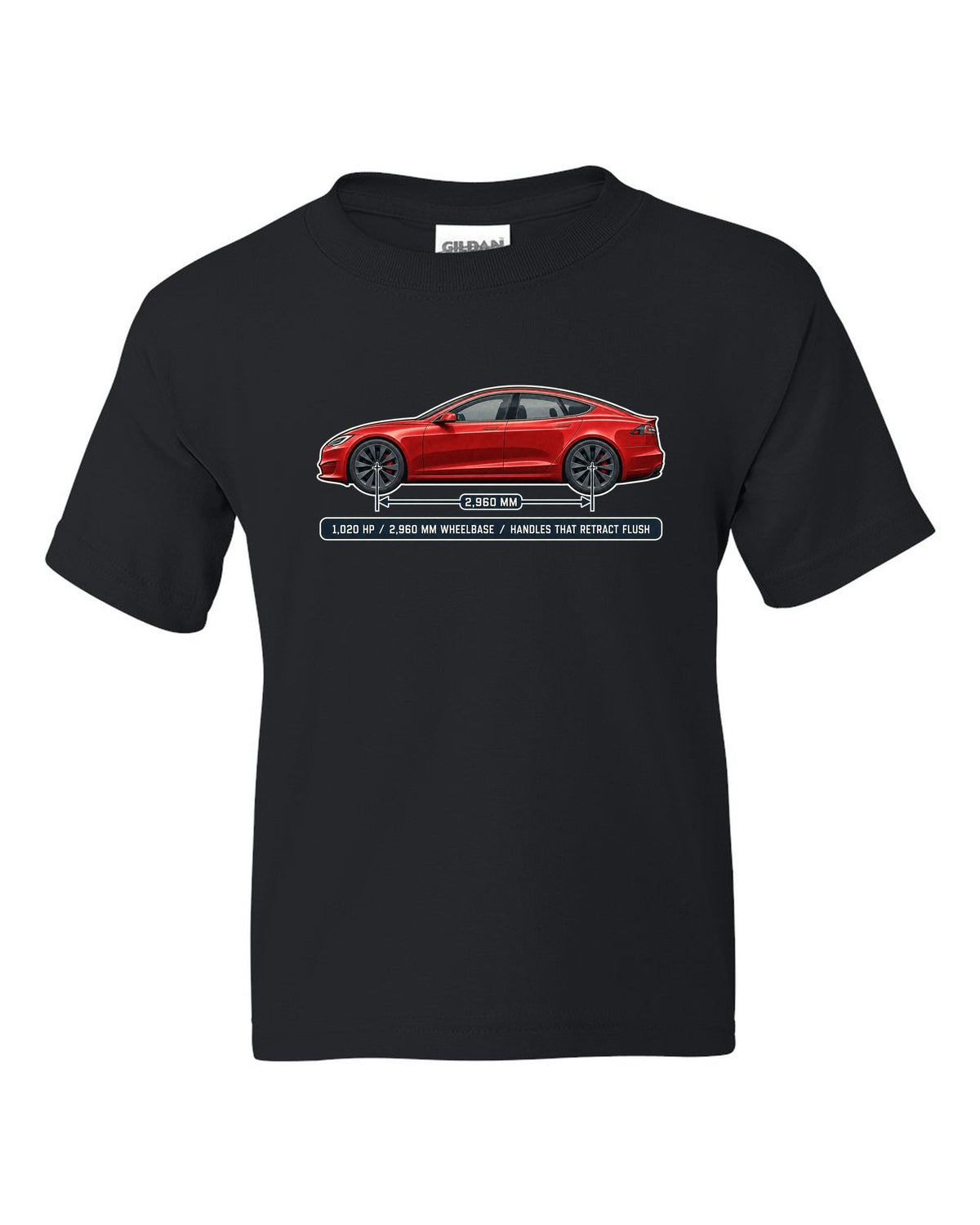Tesla Model S Plaid Dimension Blueprint black kids tee front view with the design