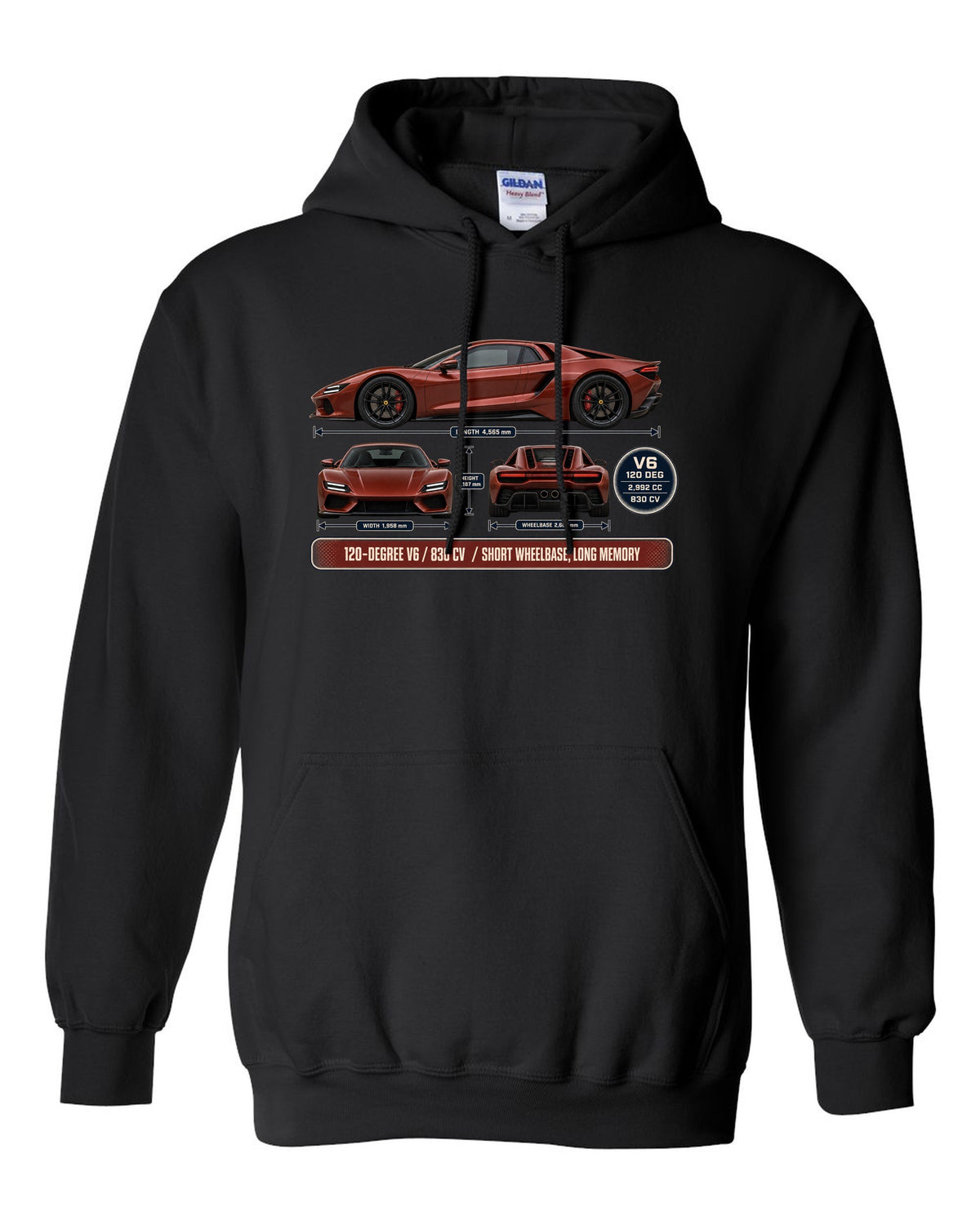 print three-view drawing with spec table of a Ferrari 296 GTB in brick red black pull over hoodie front view with the design