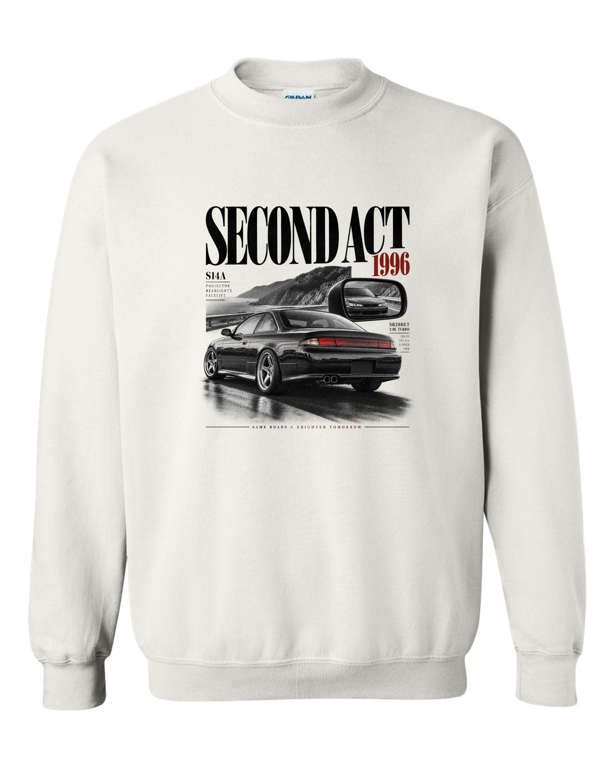 Editorial headline layout of a Nissan Silvia S14 kouki with Second Act, 1996 and projector headlights lettering white crewneck front view with the design