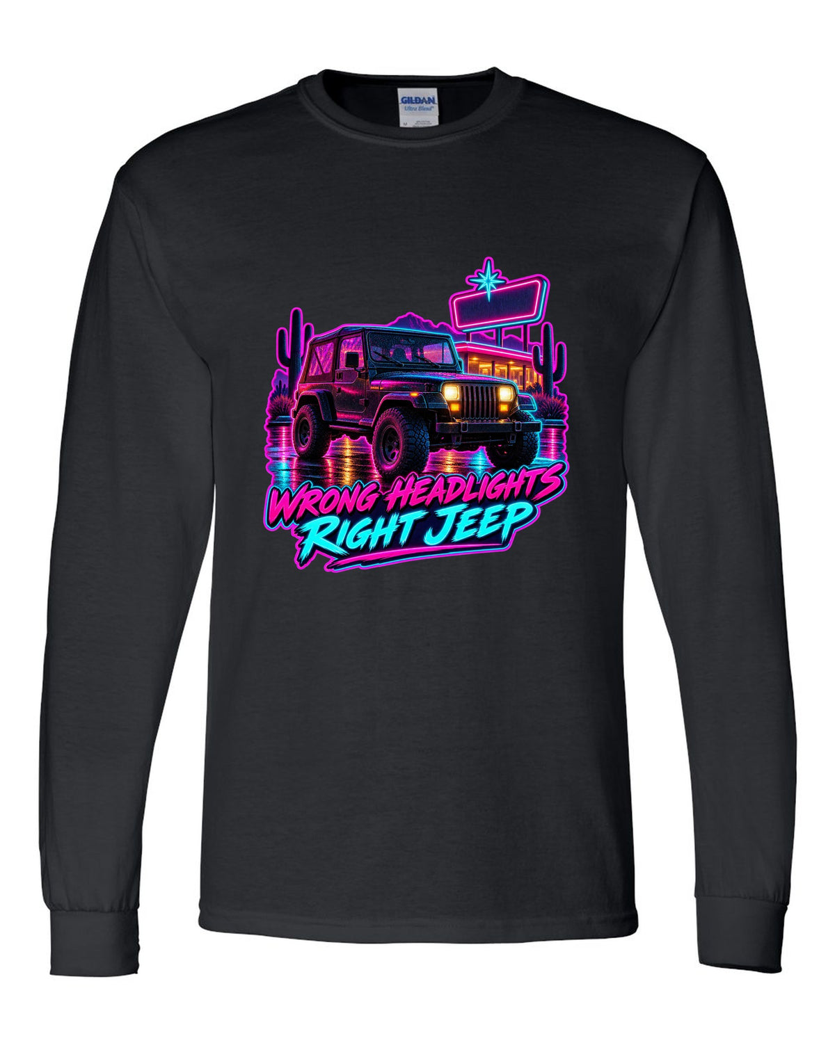 Synthwave diner scene illustration of a Jeep Wrangler YJ with WRONG HEADLIGHTS RIGHT JEEP lettering black long sleeve front view with the design