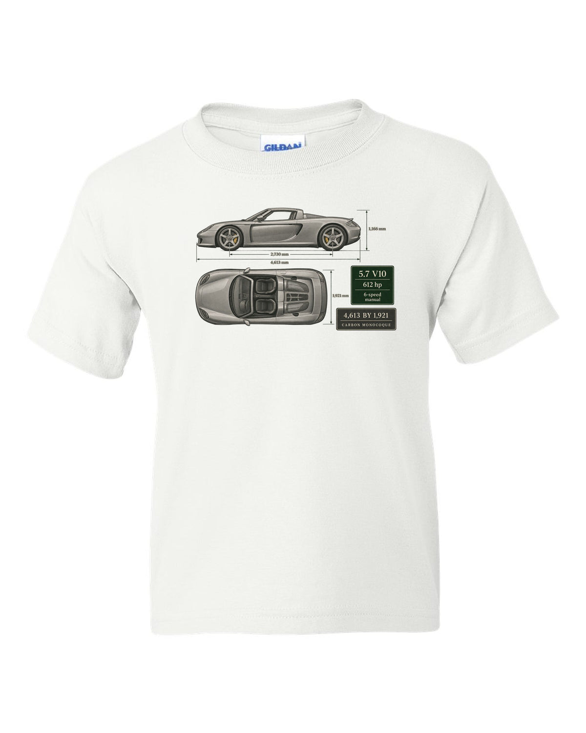 Porsche Carrera GT top view dimension blueprint print design white kids tee front view with the design