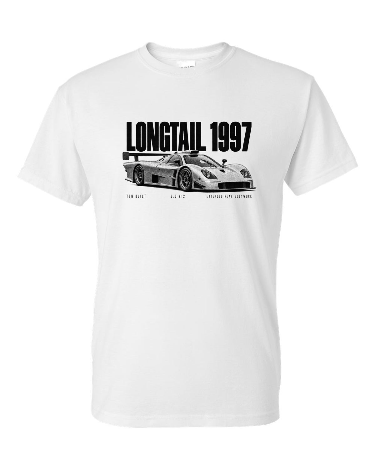 Halftone print of a 1997 McLaren F1 GTR Longtail with extended rear bodywork white t-shirt front view with the design