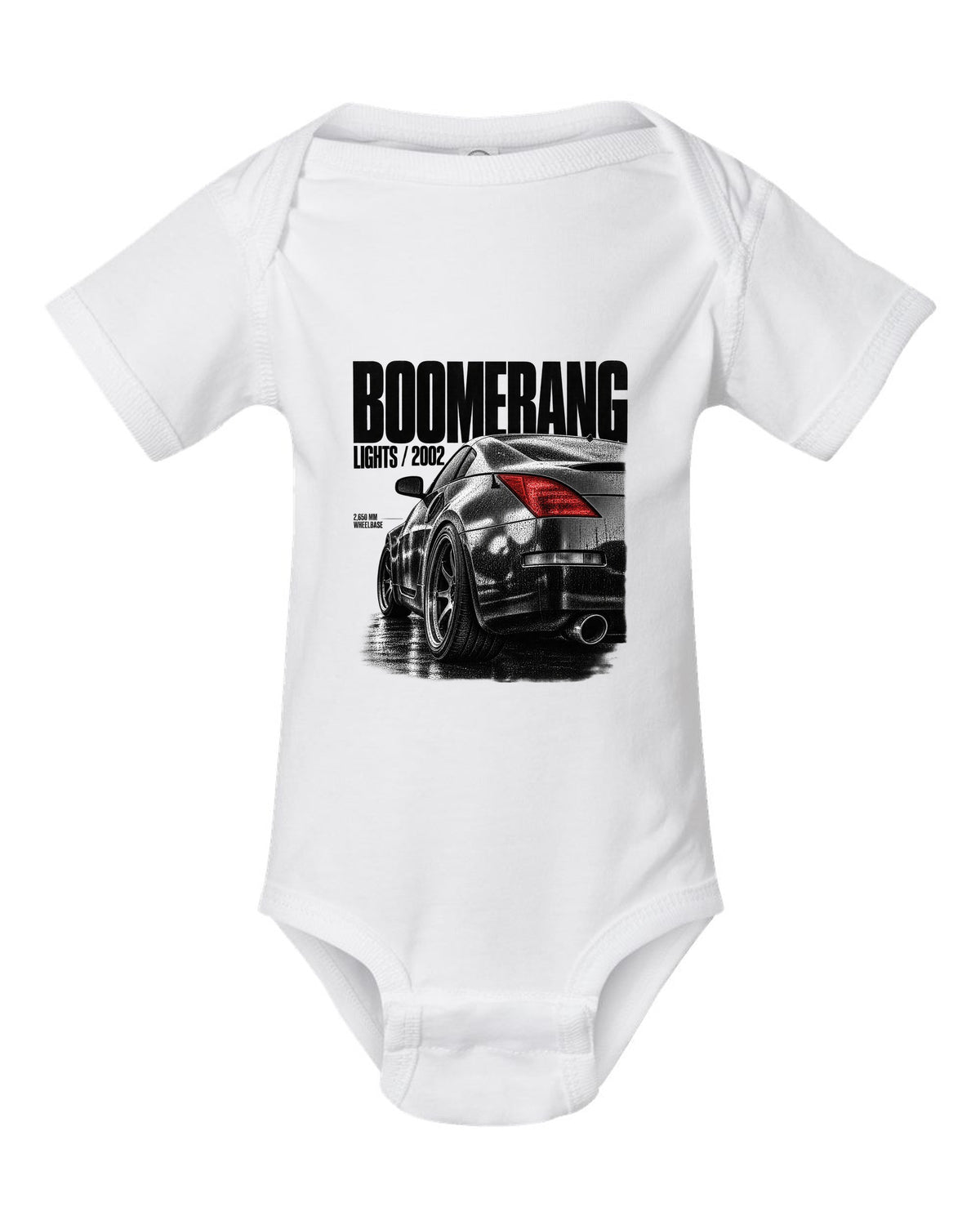 Macro print of Nissan 350Z Z33 boomerang taillights with 2,650 mm wheelbase text white baby onesie front view with the design