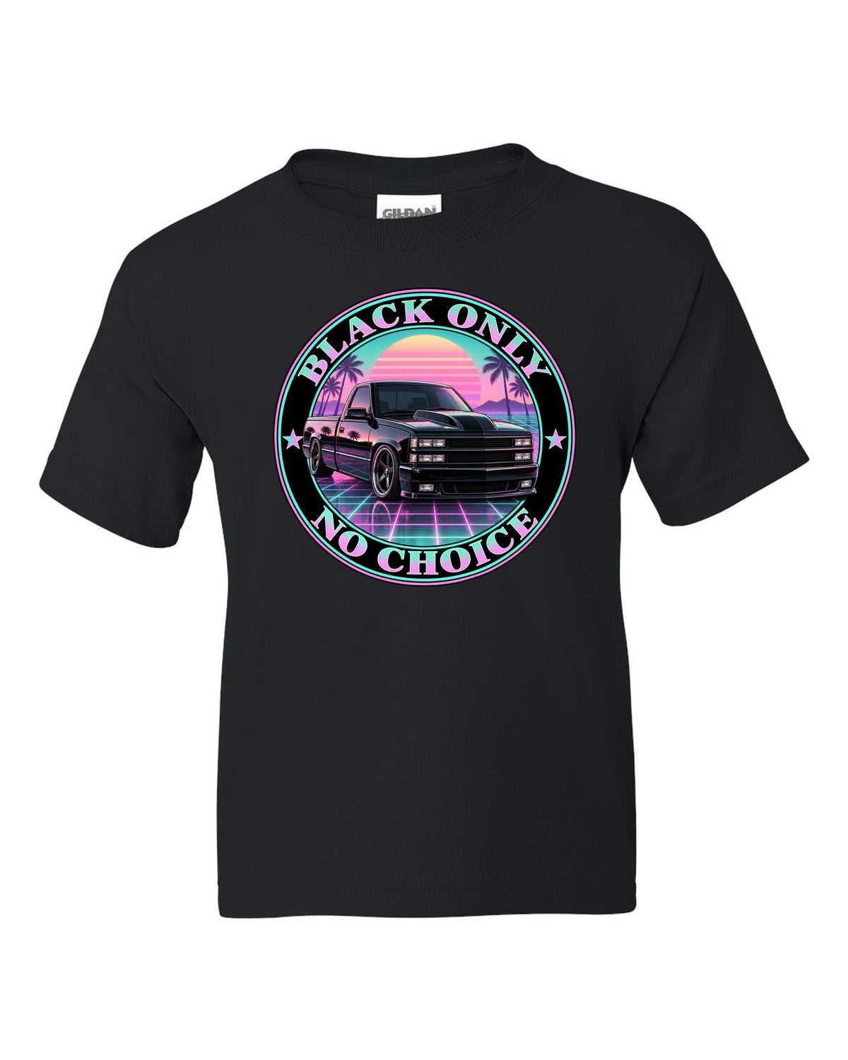 Pastel vaporwave print of a 1990-93 Chevrolet 454 SS pickup with black only no choice lettering black kids tee front view with the design