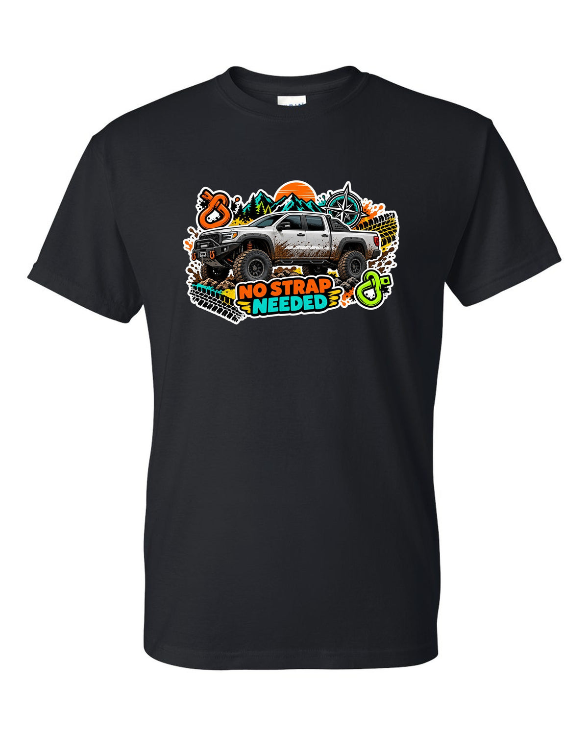 Sticker bomb collage print of a Ram Power Wagon 2500 4x4 with No Strap Needed text black t-shirt front view with the design