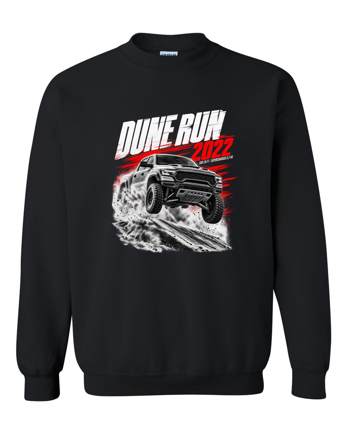 Race poster of a 2022 Ram 1500 TRX jumping a dune with the text Dune Run 2022, 650 lb-ft black crewneck front view with the design