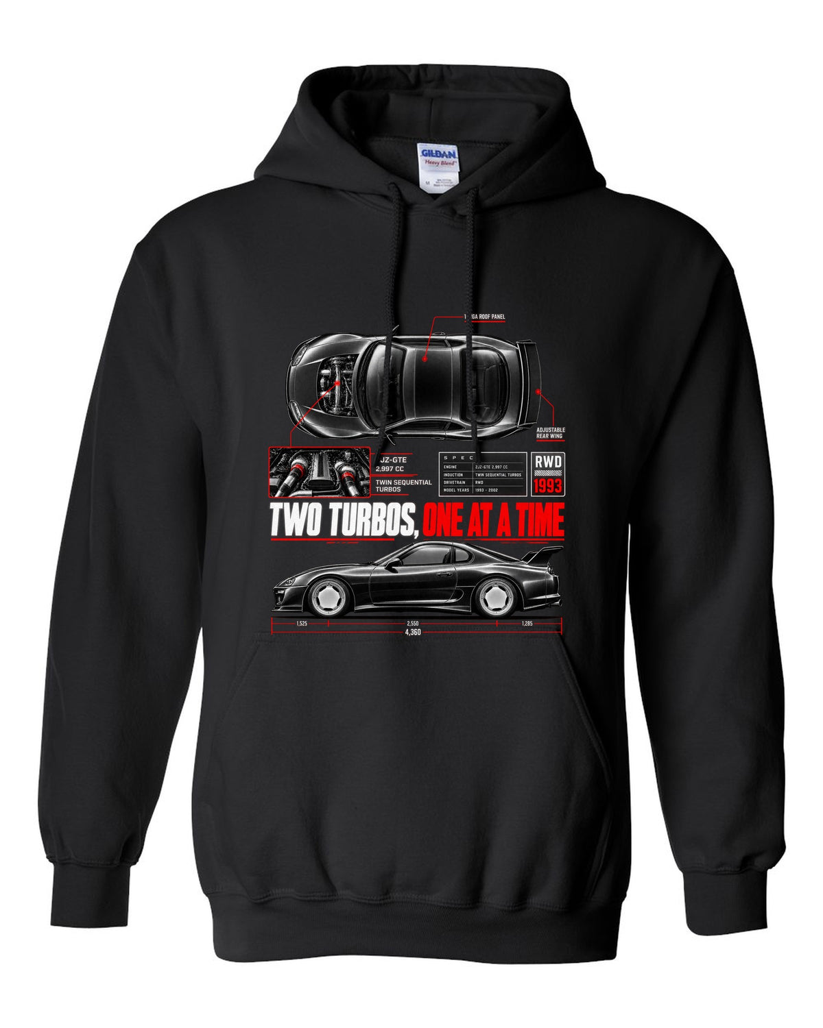 Spec poster print of a Toyota Supra A80 JZA80 with 2JZ-GTE lettering black pull over hoodie front view with the design