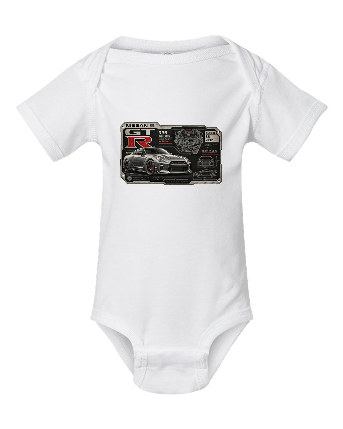 Spec sheet data plate print for the Nissan GT-R R35 showing VR38DETT 3.8L 562 HP white baby onesie front view with the design