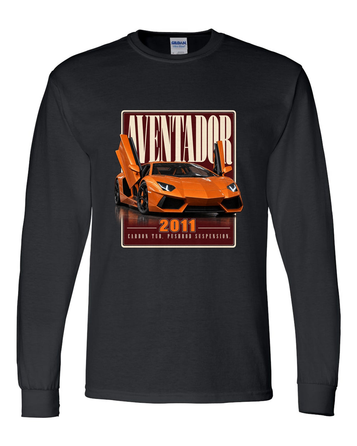 Editorial headline print of the Lamborghini Aventador LP700-4 black long sleeve front view with the design