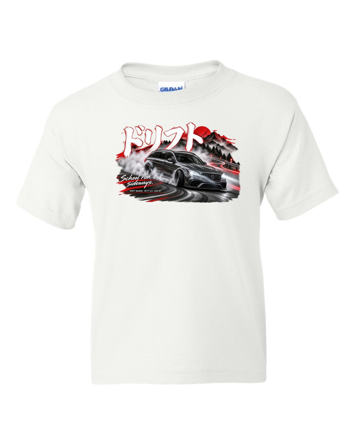 print touge drift night of a Mercedes W213 E63 S wagon with Japanese drift text and School Run Sideways white kids tee front view with the design