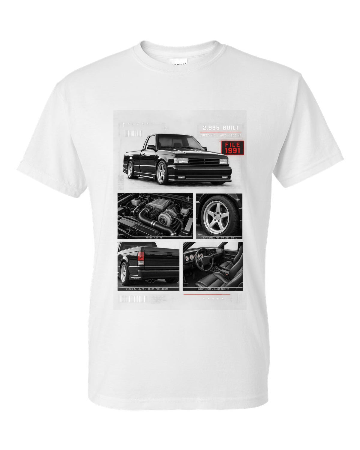 Dossier-style print of a 1991 GMC Syclone with detail panels white t-shirt front view with the design