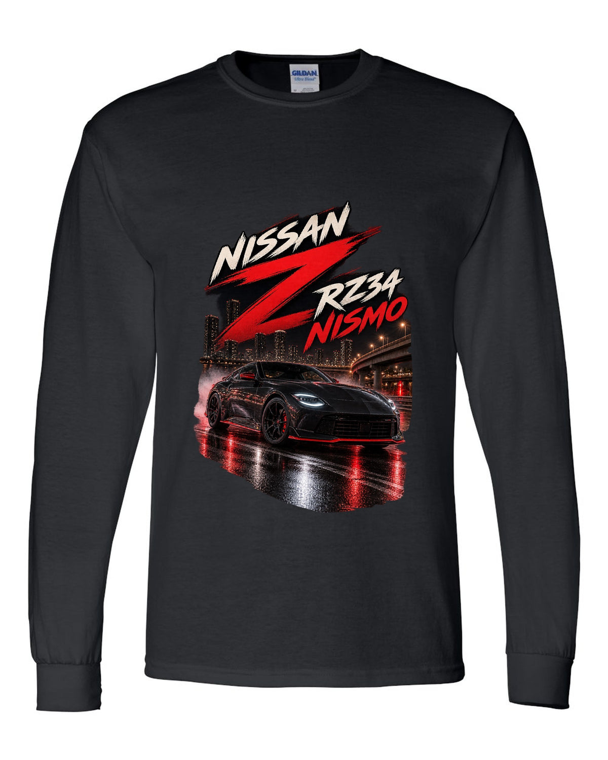 Nissan RZ34 Z spec poster with 2022 debut, VR30DDTT and 400 hp text black long sleeve front view with the design