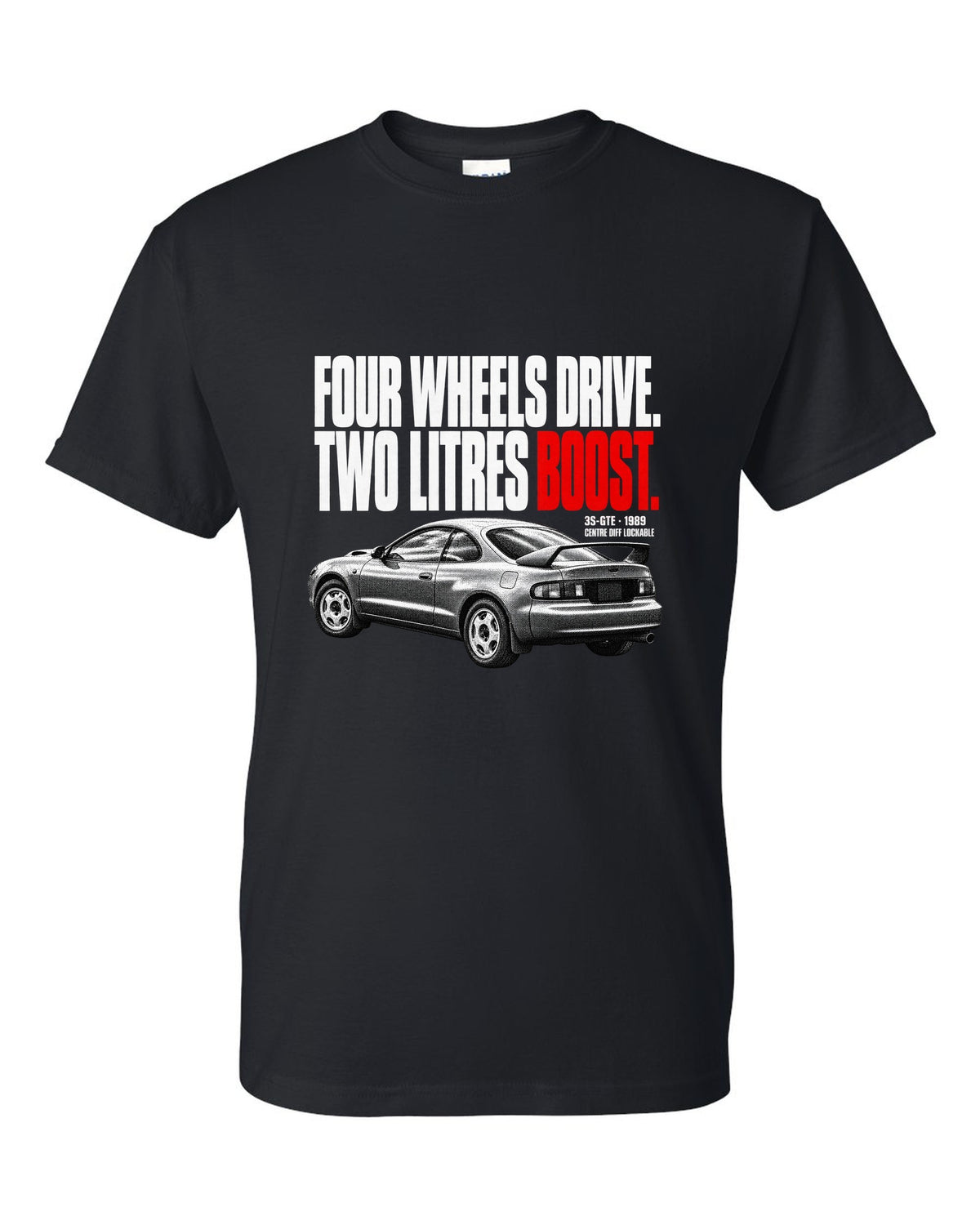 Halftone print of a Toyota Celica GT-Four ST185 with 3S-GTE and centre diff text black t-shirt front view with the design