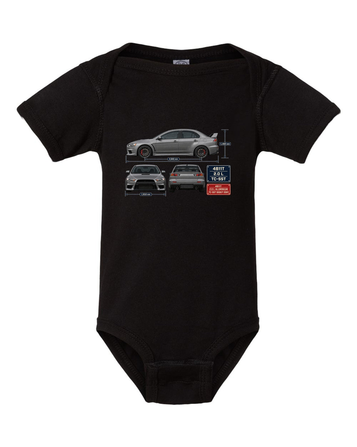 Evo X GSR Three-View Spec Table Tee, Mitsubishi Lancer black baby onesie front view with the design